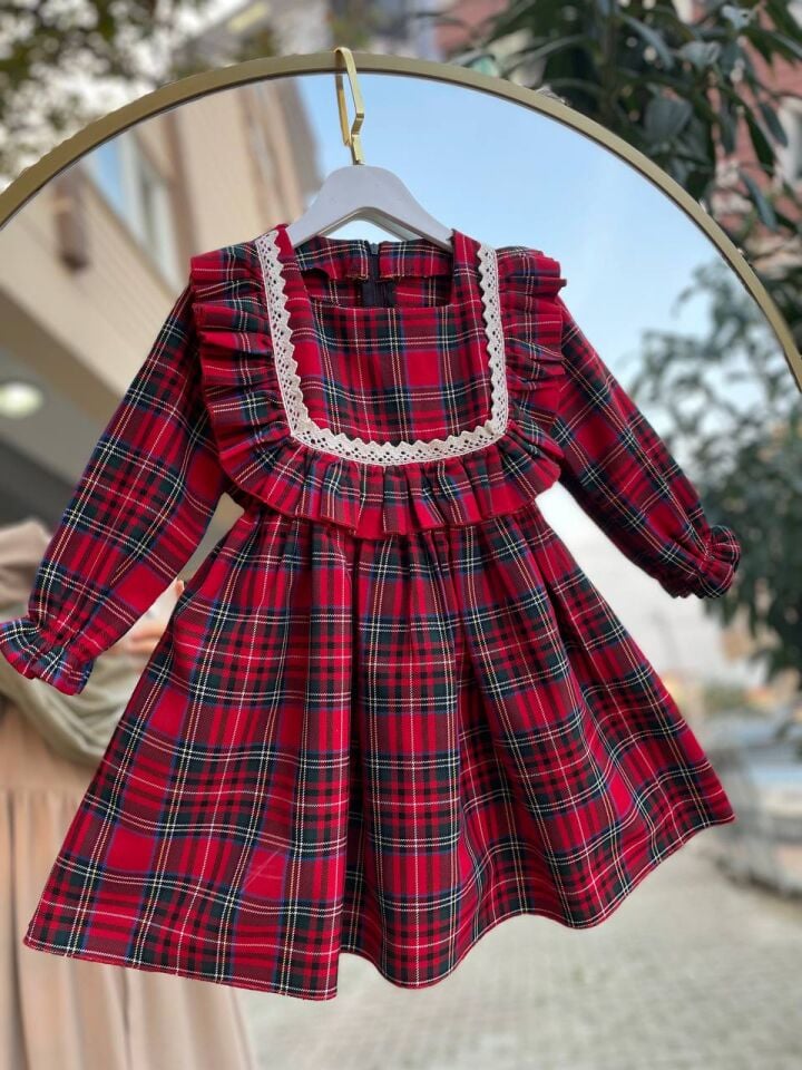 Kız Çocuk Kırmızı Ekose Kareli Kalın Pamuklu Günlük Şık Elbise