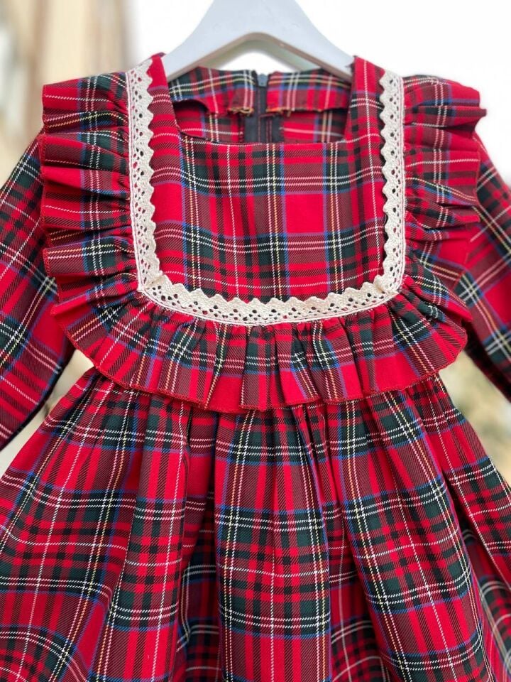 Kız Çocuk Kırmızı Ekose Kareli Kalın Pamuklu Günlük Şık Elbise