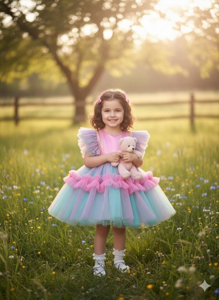 Kız Çocuk Pembe Mavi Tütü Detaylı Kabarık Pul Payet Prenses Abiye Elbise