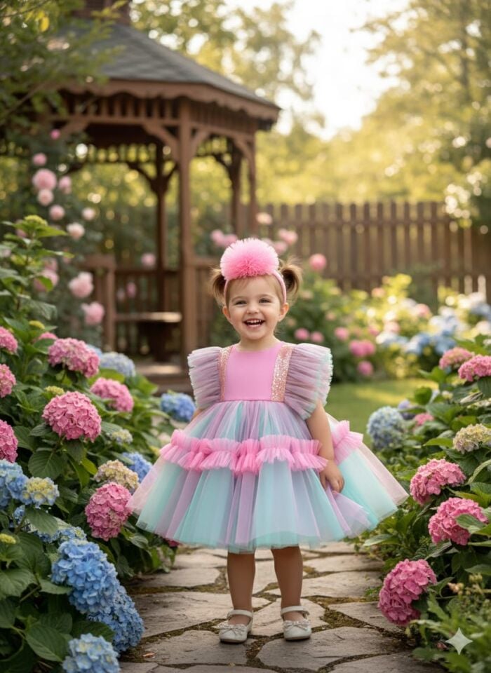 Kız Çocuk Pembe Mavi Tütü Detaylı Kabarık Pul Payet Prenses Abiye Elbise