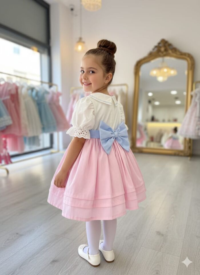 Kız Bebek Organik Pamuk Saten Kol Dantel Detaylı Kabarık Bebe Yaka Doğum Günü Elbisesi + Toka