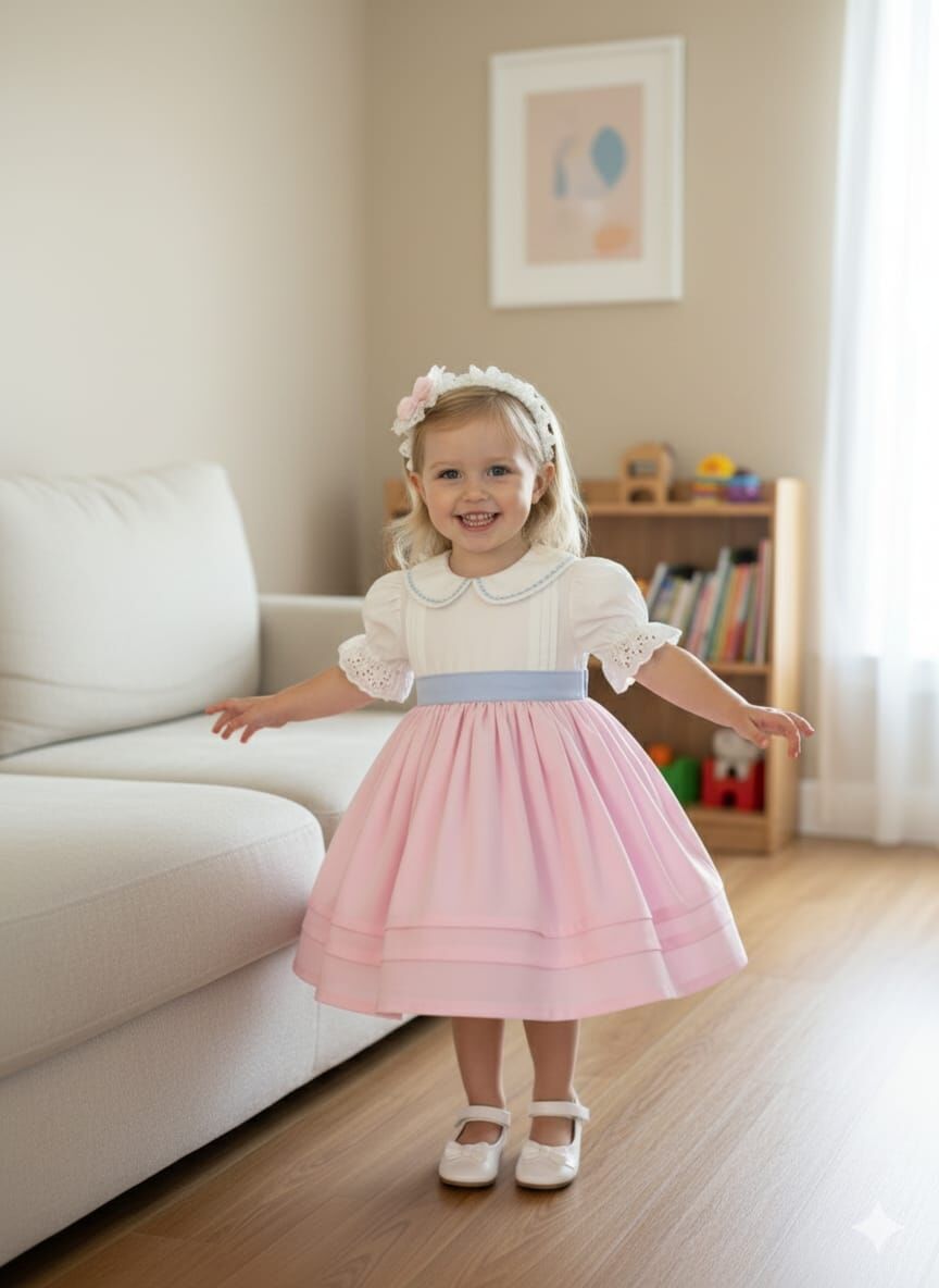 Kız Bebek Organik Pamuk Saten Kol Dantel Detaylı Kabarık Bebe Yaka Doğum Günü Elbisesi + Toka