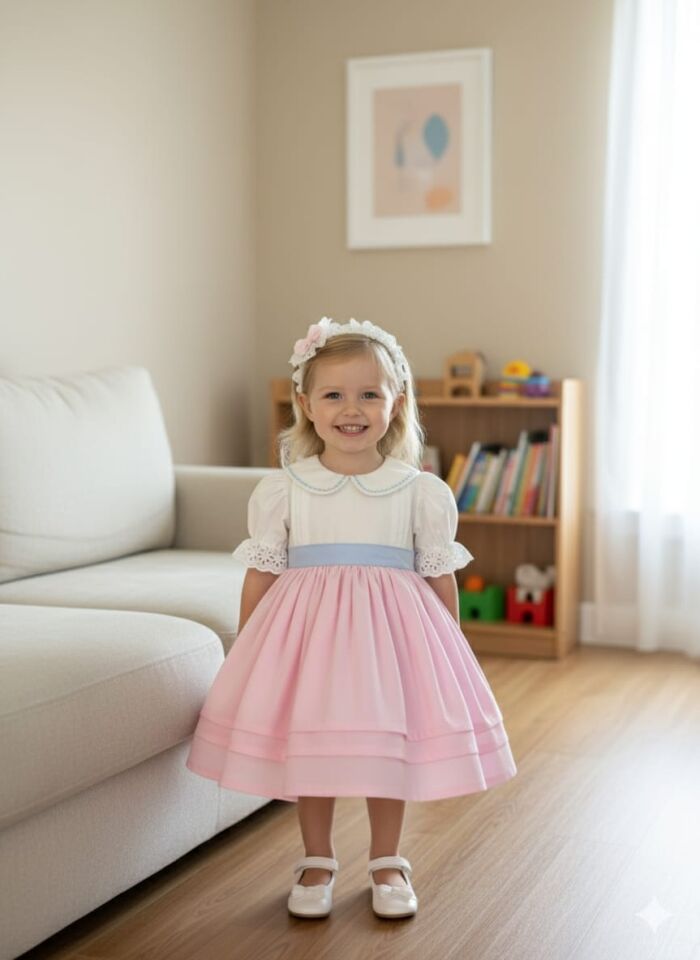 Kız Bebek Organik Pamuk Saten Kol Dantel Detaylı Kabarık Bebe Yaka Doğum Günü Elbisesi + Toka