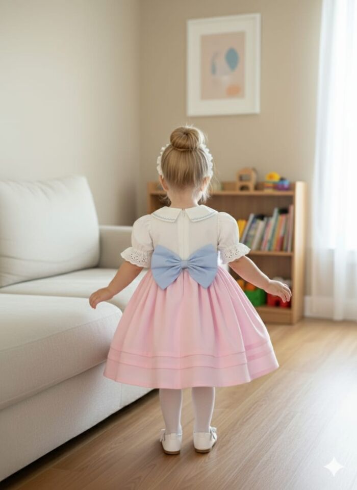 Kız Bebek Organik Pamuk Saten Kol Dantel Detaylı Kabarık Bebe Yaka Doğum Günü Elbisesi + Toka