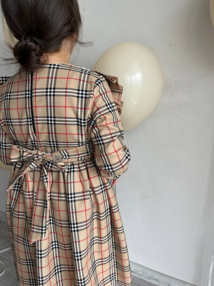 Sare Çocuk Giyim Kız Çocuk Kare Desen Ekose Kahverengi Günlük Elbise