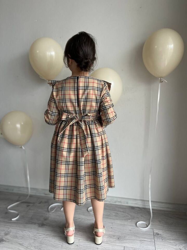 Sare Çocuk Giyim Kız Çocuk Kare Desen Ekose Kahverengi Günlük Elbise