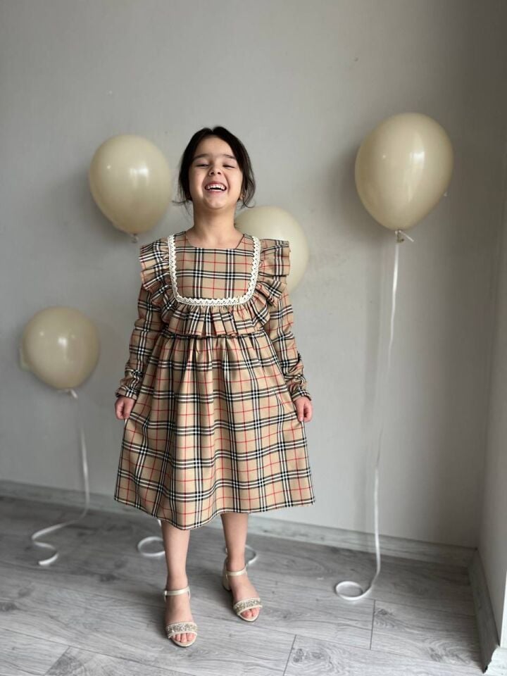 Sare Çocuk Giyim Kız Çocuk Kare Desen Ekose Kahverengi Günlük Elbise