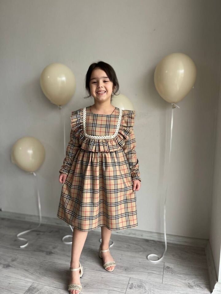 Sare Çocuk Giyim Kız Çocuk Kare Desen Ekose Kahverengi Günlük Elbise