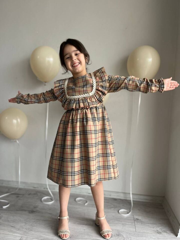 Sare Çocuk Giyim Kız Çocuk Kare Desen Ekose Kahverengi Günlük Elbise