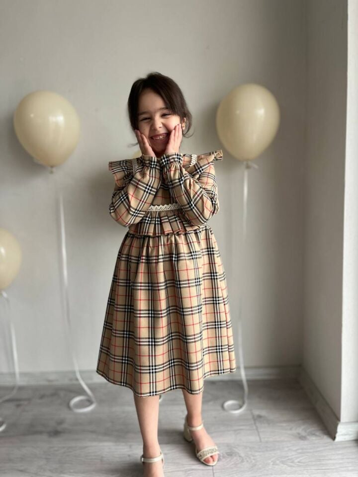 Sare Çocuk Giyim Kız Çocuk Kare Desen Ekose Kahverengi Günlük Elbise