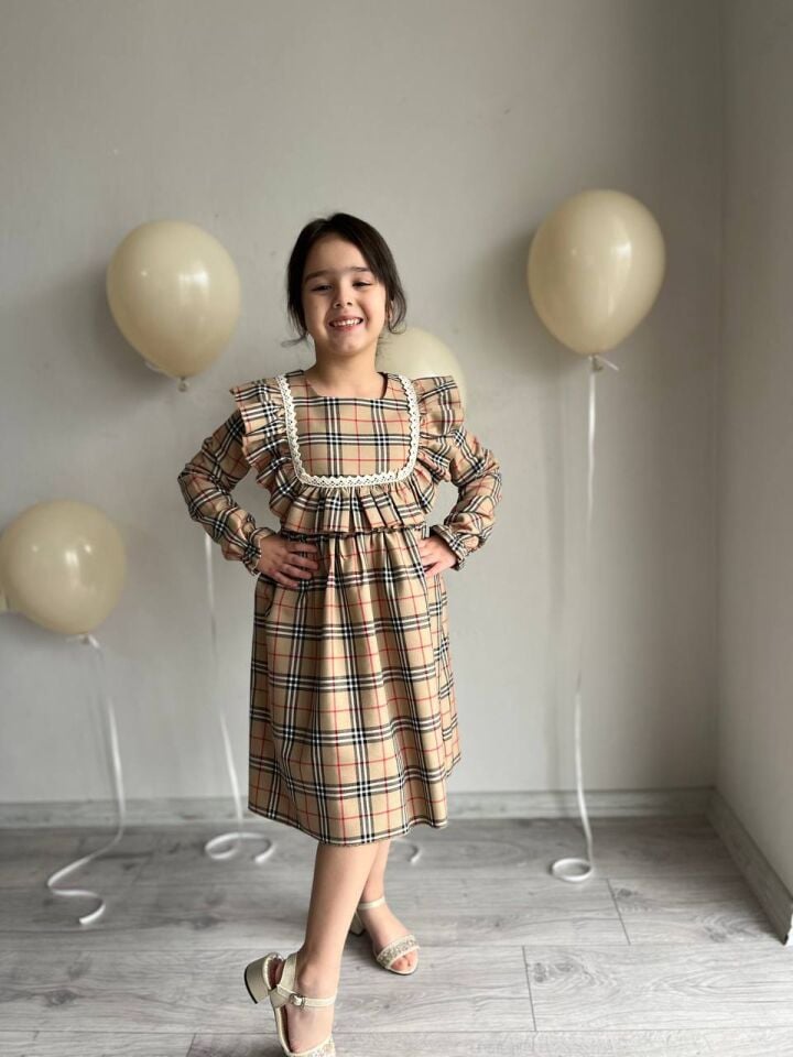 Sare Çocuk Giyim Kız Çocuk Kare Desen Ekose Kahverengi Günlük Elbise
