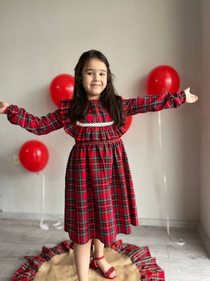 Sare Çocuk Giyim Kız Çocuk Kırmızı Kareli Kışlık Günlük Elbise