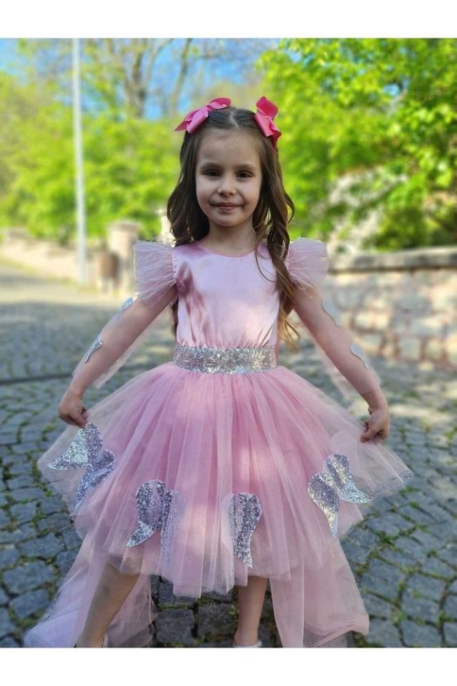 Melek Kanatlı Pembe Kuyruklu Çocuk Abiye Elbise