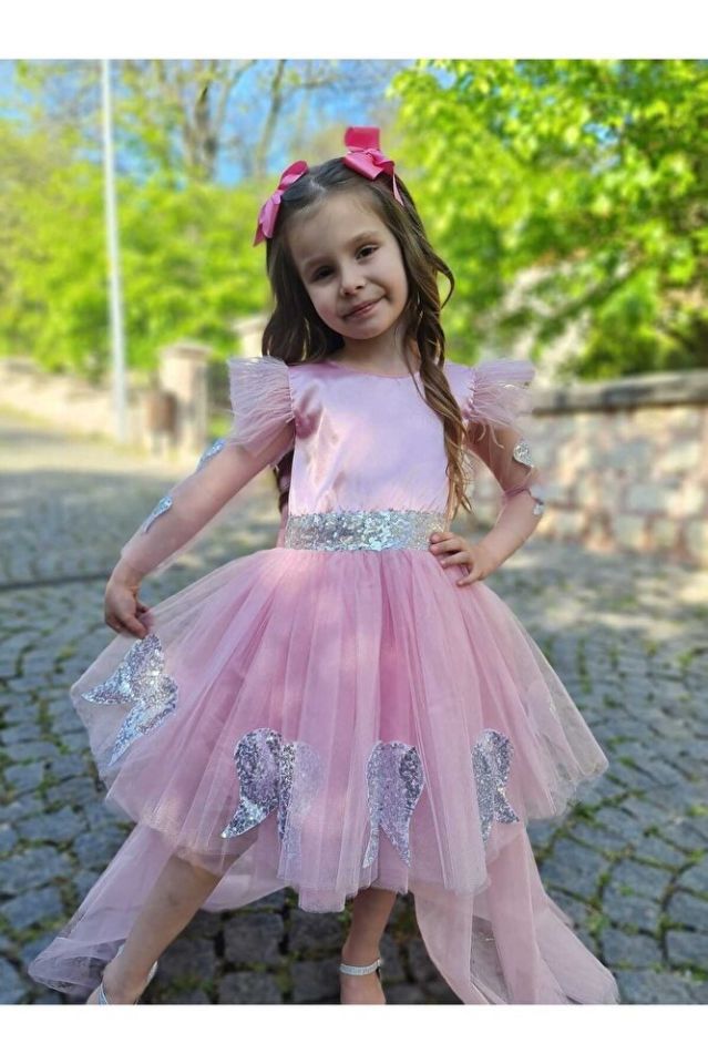 Melek Kanatlı Pembe Kuyruklu Çocuk Abiye Elbise