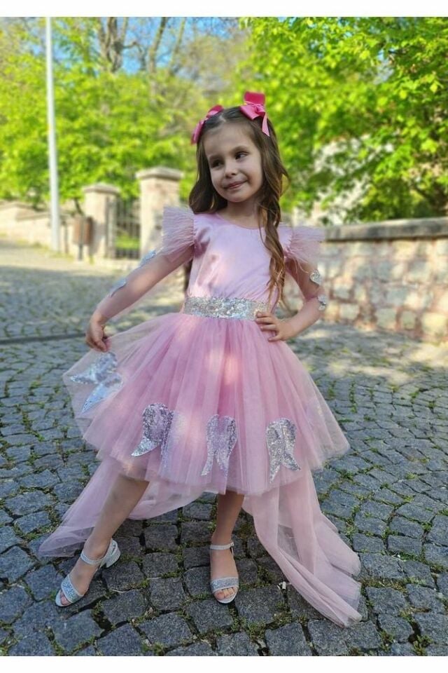 Melek Kanatlı Pembe Kuyruklu Çocuk Abiye Elbise