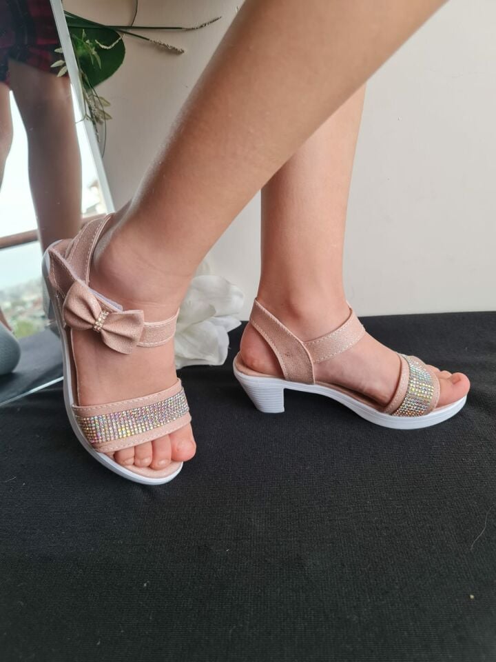 Kız Çocuk Fiyonklu Pembe Mini Taşlı Topuklu Abiye Ayakkabı, Sandalet