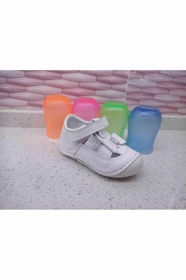 Beyaz Kız Bebek Hakiki Deri Yumuşak Ortopedik Ayakkabı
