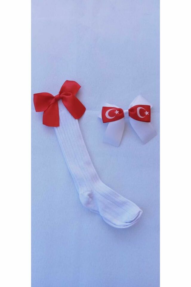 Ay Yıldız Kurdele Desenli Kız Çocuk Diz Altı Çorap Takım