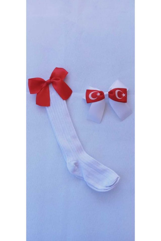 Ay Yıldız Kurdele Desenli Kız Çocuk Diz Altı Çorap Takım
