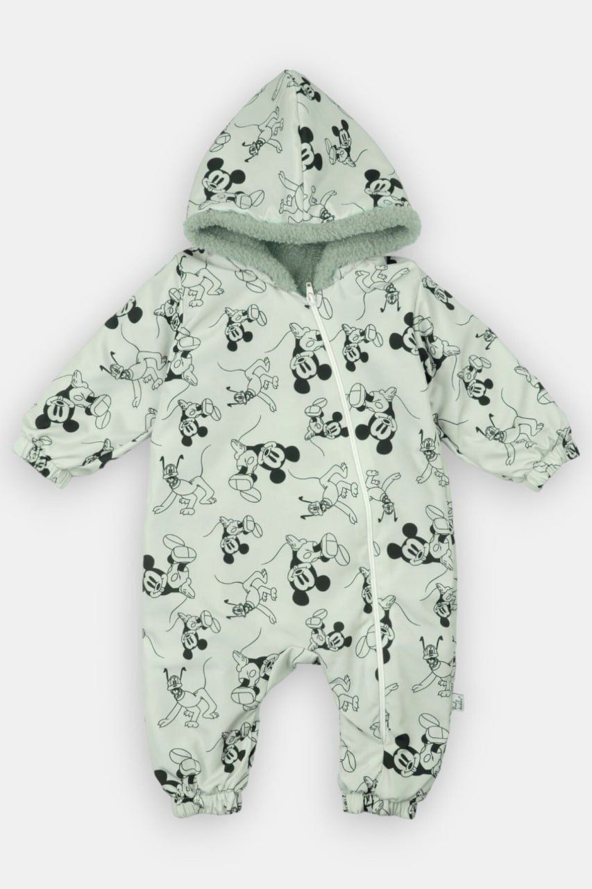 Mint Yeşili Mickey Mouse Desen Su Geçirmez Welsoft Doku Kışlık Astronot Bebek Tulum