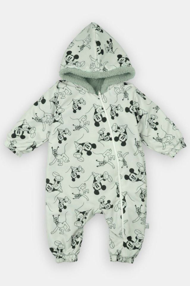 Mint Yeşili Mickey Mouse Desen Su Geçirmez Welsoft Doku Kışlık Astronot Bebek Tulum
